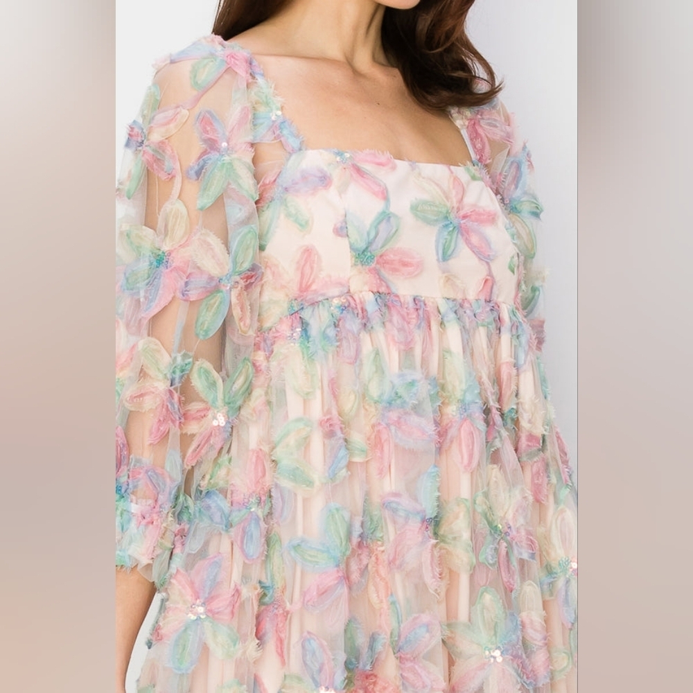 Sweet Lemon Stacy Sequin 3D Floral Pastel Babydoll Dress Mini Easter Small